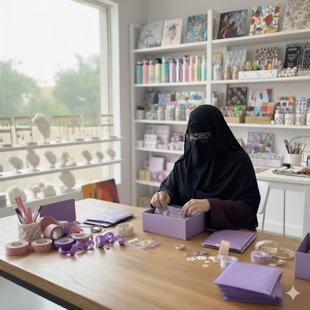 Hareem Ayaz, founder of Meer Venturez, hand-packing a lavender gift box in her studio